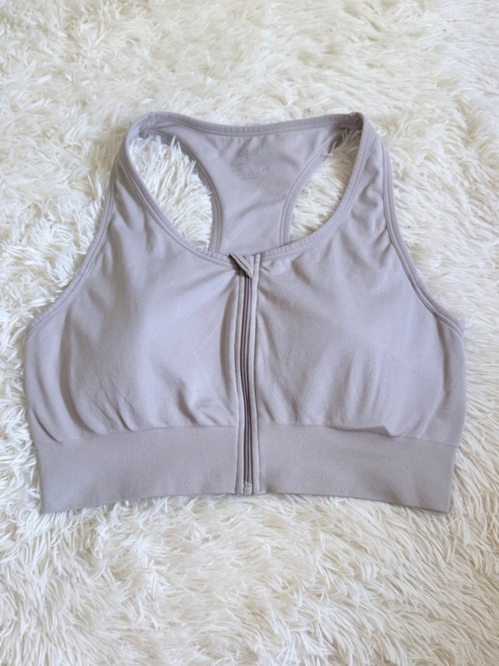 Front-Zip Racerback Sports Bra in Taupe